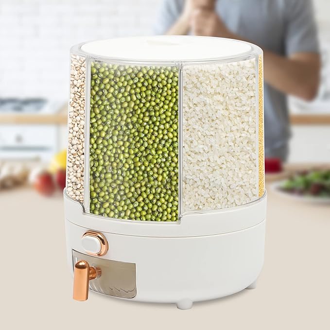 14.33lbs Grain Storage Container Dispenser - 6 Grid 360 Rotating Dry Grain and Cereal Dispenser with Lid for Store Rice, Beans