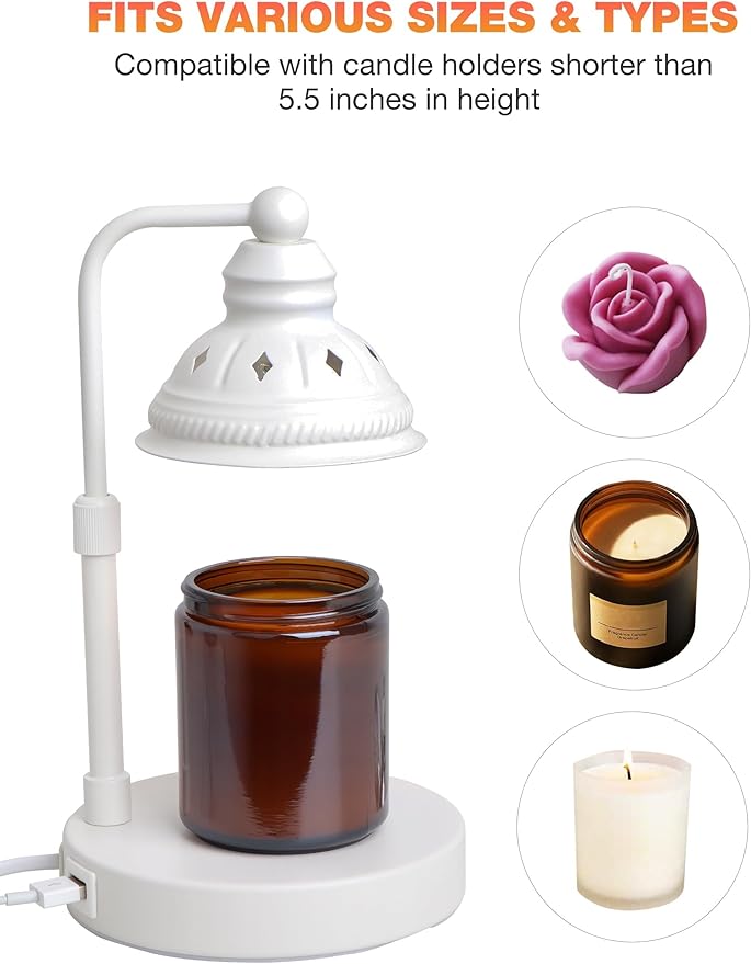 Candle Warming Lamp With Timer, Dimmer, Height Adjustment, USB Charger - Scented Bedroom Home Decor Gift for Women (White)