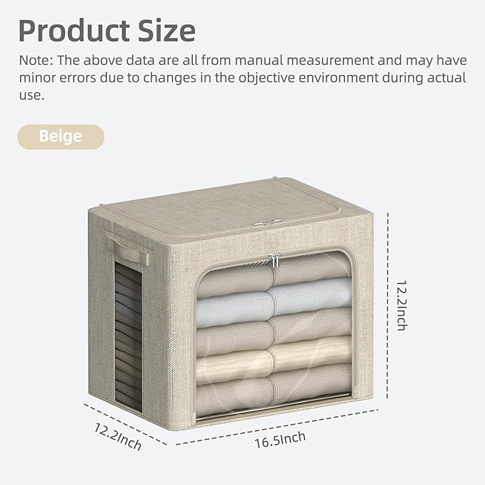 FHSQX 2 Pack Clear Window Storage Bins - Large Stackable Linen Fabric Storage for Clothes Foldable Container Organizer Set with Carrying Handles (Beige, 16.5x 12.2x 12.2Inch)