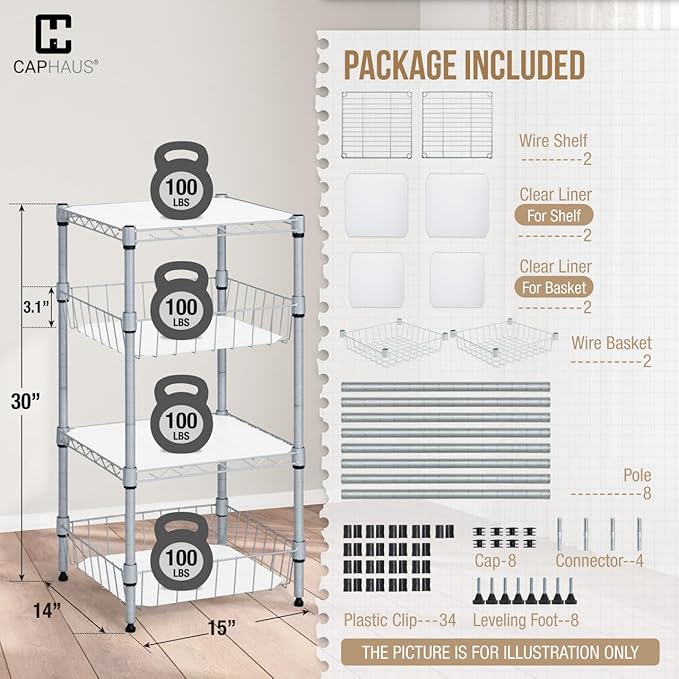 Fencer Wire NSF 2 to 4 Tier Stackable Wire Shelving Unit w/Baskets & Liner, Storage Rack Kitchen, Bathroom, Laundry Closet, Wire Shelving Basket Shelves, Storage Rack Corner Shelves, Silver Grey