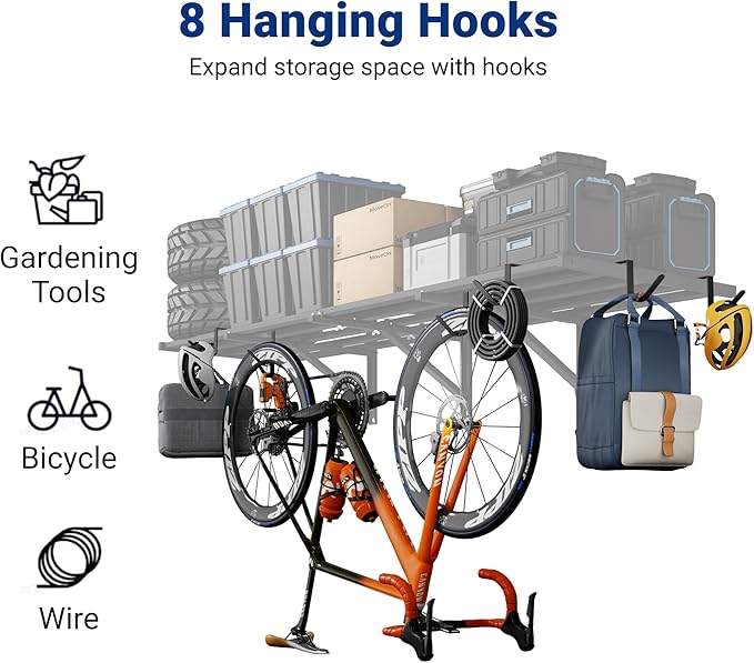 FLEXIMOUNTS 2-Pack 2x6ft Heavy Duty Garage Wall Shelving, 1200lbs Capacity, Garage Shelving Wall Mounted with 8 Hooks, Storage for Power Tools, Garden Supplies, Storage Bins, Lite Series