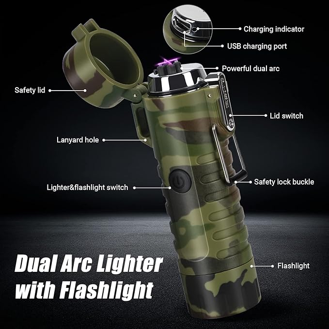 Scotte Plasma Windproof arc Lighter Electric Lighter and LED Flashlight - 2 in 1(Army Green)