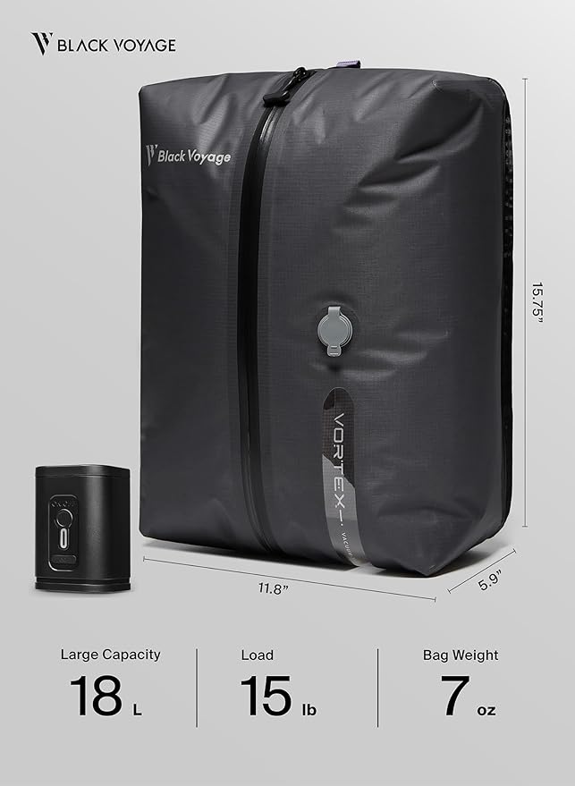 Black Voyage Reusable Vacuum Compression Travel Bag for Carry-On Suitcase and Backpack, Recycled IP67 Waterproof Space Saver Vacpack (1-Pack, 18L - Pump Included)