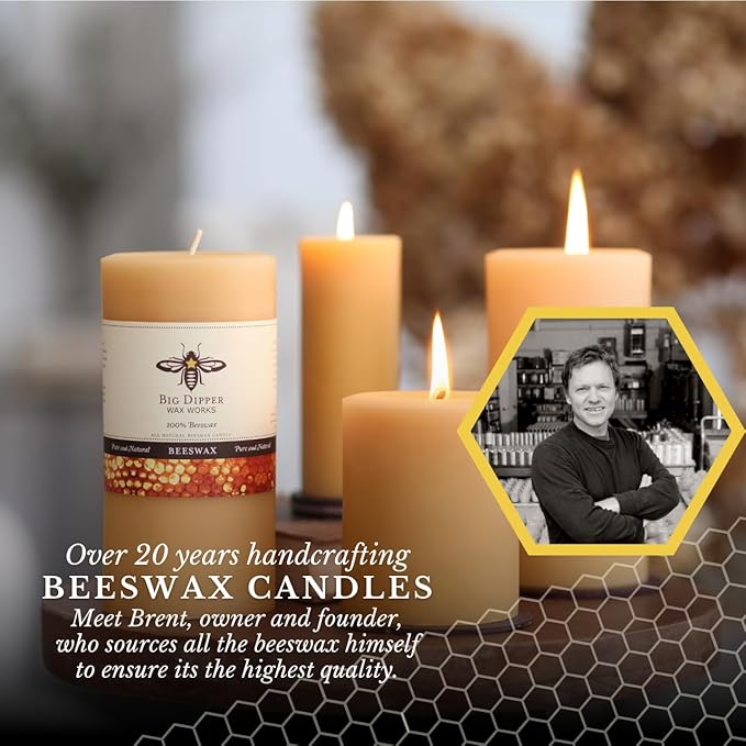 Big Dipper Wax Works 100% Pure Beeswax Pillar Candles (1 Pack) – 3" x 6" Handmade in USA, Long Burning Clean Soot-Free, Natural Honey Aroma, Eco-Friendly Cotton Wick, Home Décor & Meditation