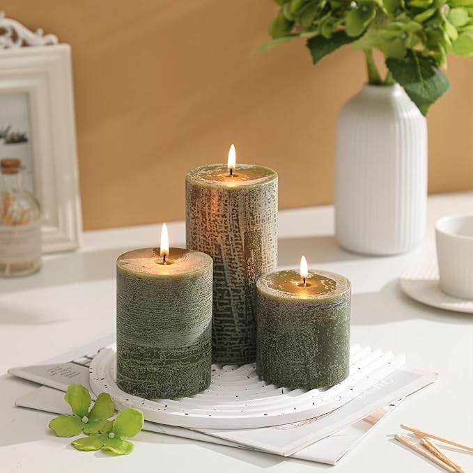 3x6 Inch Moss Green Pillar Candles - Set of 3, Long Clean Burning, Smokeless Dripless Candles for Spring Home Decor, Dinner Table, Bathroom, Rustic Decor