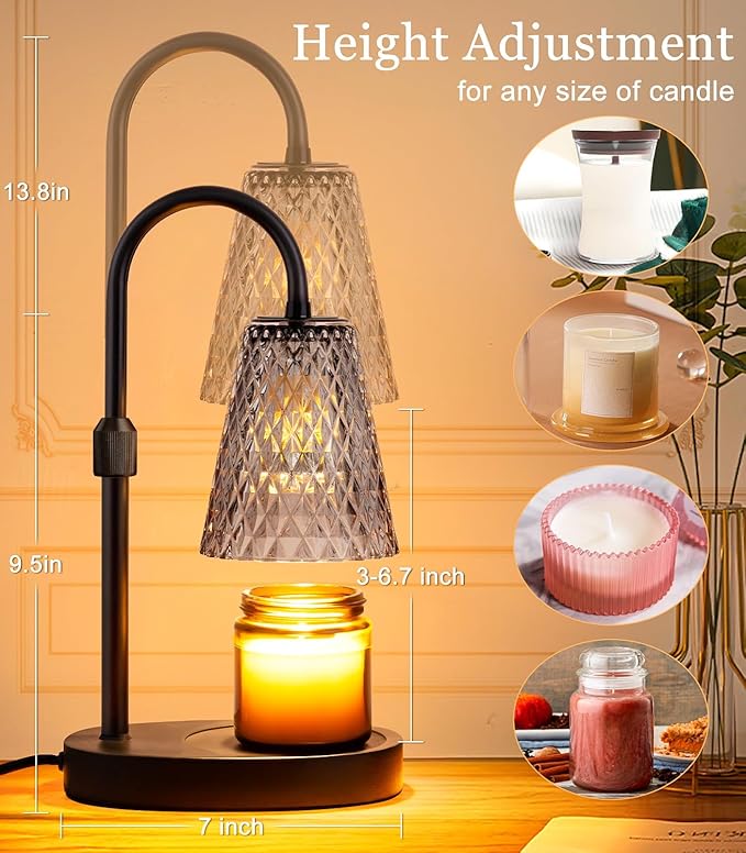 Candle Warmer Lamp Electric Timer - Candles Wax Warmers Glass Lamps for Jar Candles Burner No Flame Scented Melting Warming Lantern Adjustable Height Dimmable Light with 2 Bulb for Home Living Bedroom