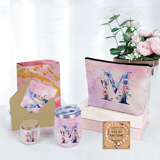 Personalized Gifts Monogrammed Birthday Gifts for Women, Her, Teacher Mother in Law Wedding Christmas Initial Wine Tumbler Makeup Bag Scented Candle Bracelet Set, (Aesthetic Pink Flower M)