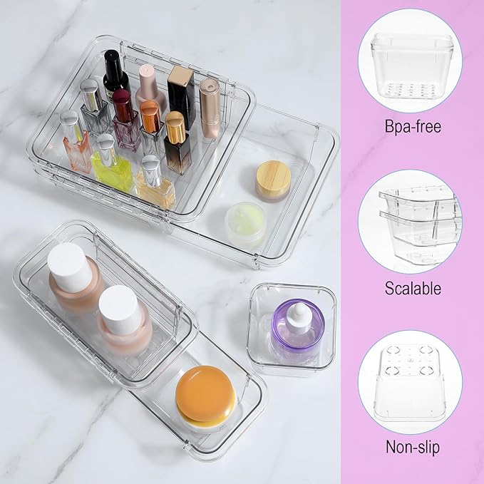 25pcs vanity Drawer organizers clear drawers organizer set vanity Drawer Storage Box expandable clear Plastic Drawe Organizer Bins Adjustable 3-Size bathroom makeup drawers organizers tray
