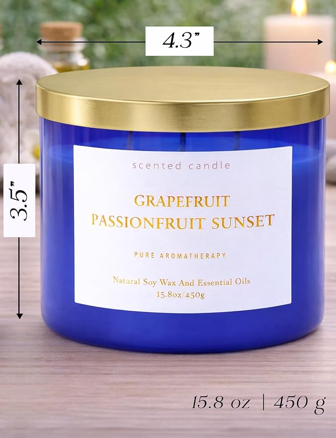 Grapefruit Passionfruit Sunset 3-Wick Soy Candle | Large Aromatherapy Scented Candle for Home 15.8oz | Fresh Tropical Citrus Stress Relief Candle | Clean Burn | Relaxation Gift for Women & Men