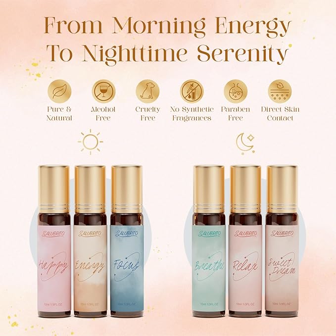 SALUBRITO Essential Oil Roll On Gift Set, Aromatherapy Oil with Roller Ball for Body Skin, Massage, Wellness Essential Oil Gift for Women and Men