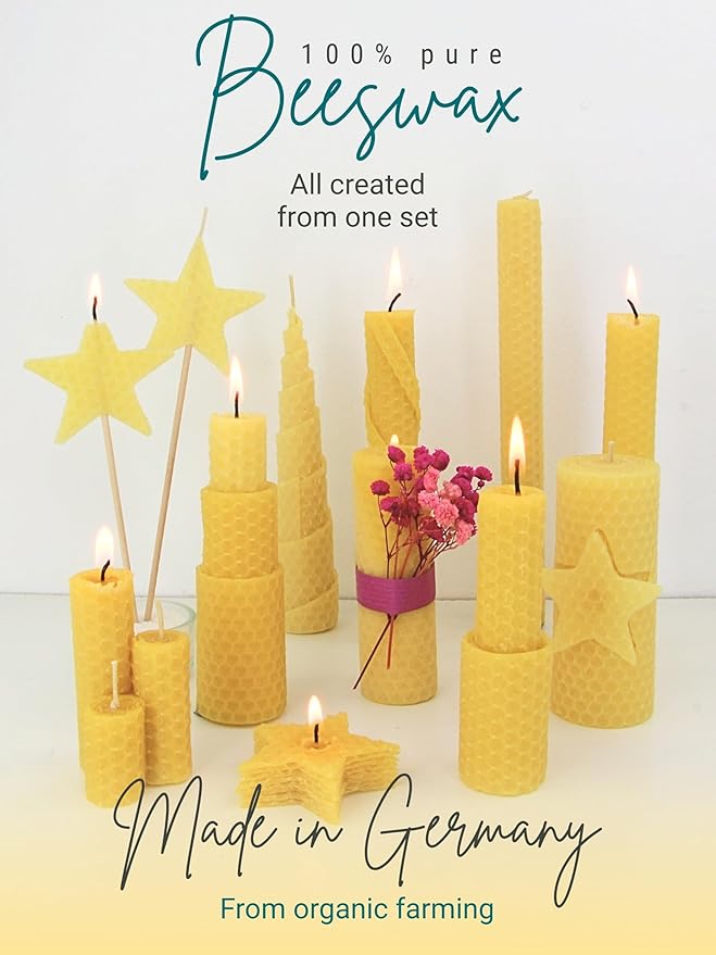 Wachsmann DIY Beeswax Candles Craft Set - Starter Set for 10 Candles in Many Colours - 100% Pure Beeswax from Germany, Includes 10 Hemp Wicks & Illustrated Instructions (English language not