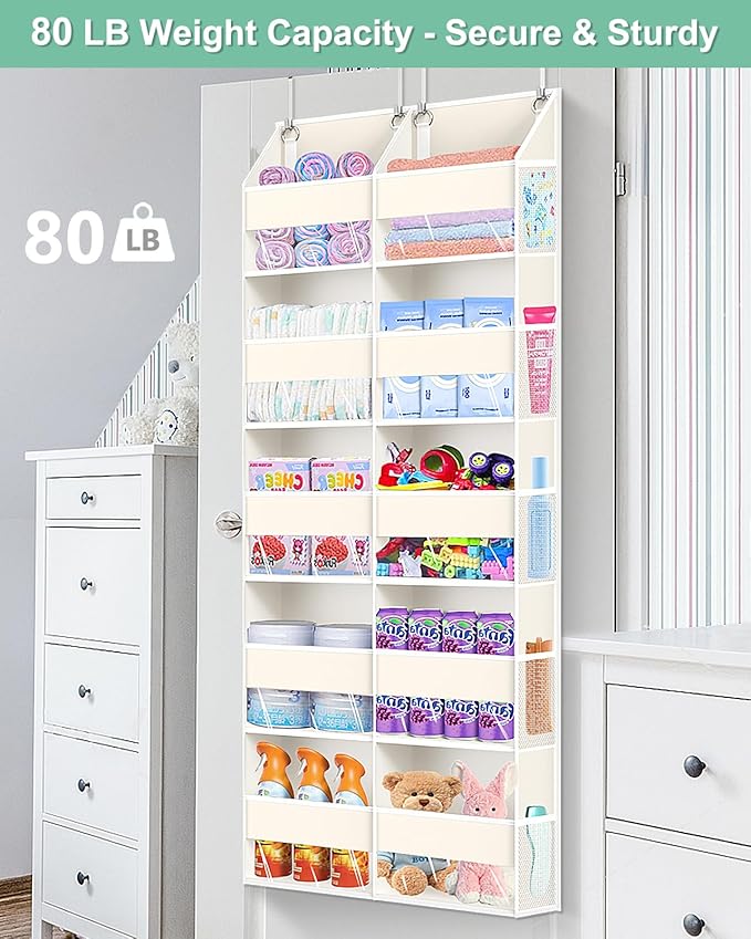 Heavy Duty Over The Door Organizer 5 Tiers, Extra Large Behind Door Storage of 10 Big Front & 10 Mesh Pockets, 80lb Weight Capacity, Hanging Doors Storage for Closet Bedroom Nursery, Beige