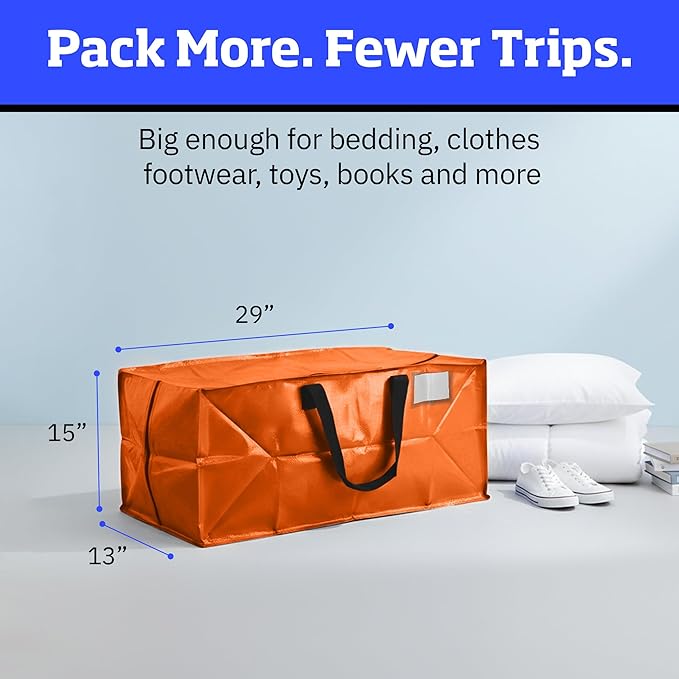 DURASACK Heavy Duty Moving Bag Storage Container Duffle Bag with Zipper, Reinforced Carry Straps and Backpack Straps, Made of Rugged Woven Polypropylene, Pack of 4, Orange