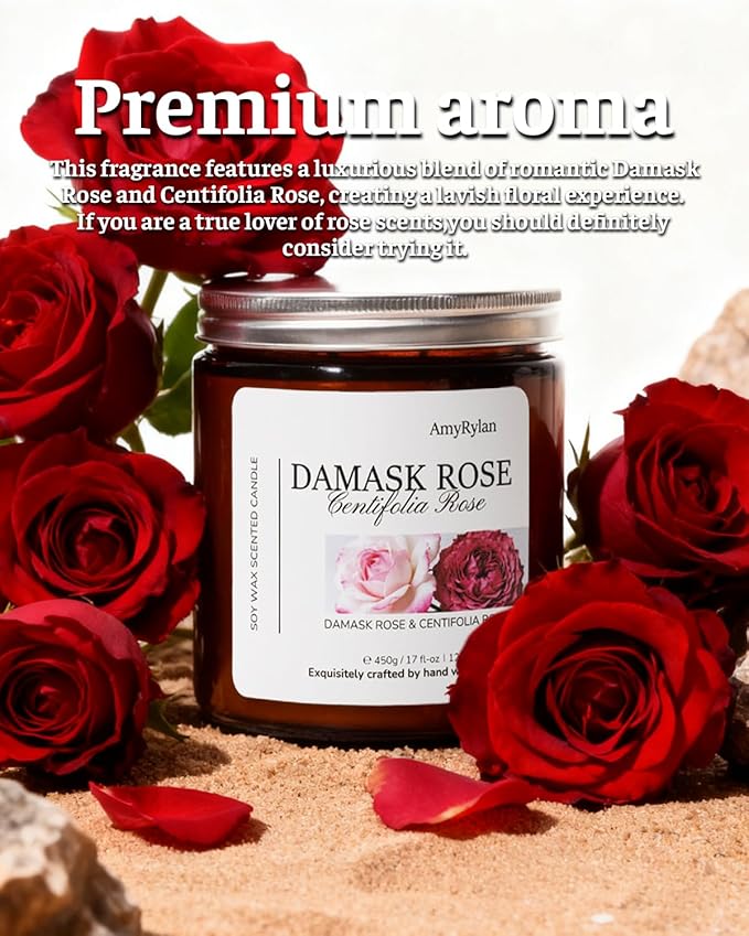 2 Wicks 17oz Large Non-Toxic Soy Wax Scented Candle, Damask Rose&Centifolia Rose 120 Hours of Burn Time, Long Lasting Candle for Gift, Cost-Effective Candle for Home Fragrance, Aromatherapy