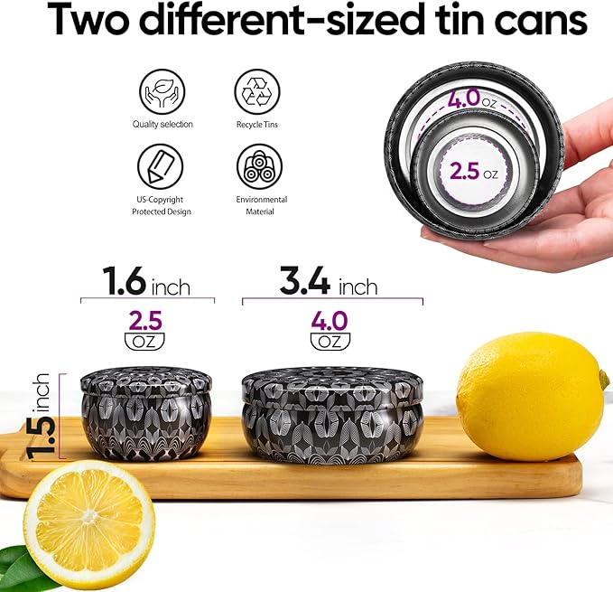Luxetins 24 Pack Empty Candle Tins, 24 Designs Metal Tins,Candle Containers with Lids,Bulk Candle Jars,Wicks, Stickers, Wicks Holder for DIY Candle Crafting Small Businesses(4OZ×24PCS)