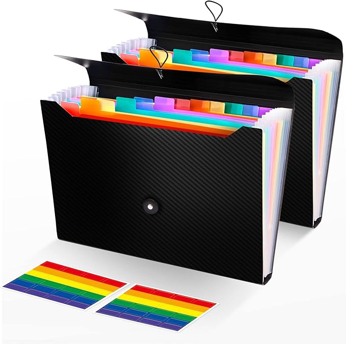 2Pcs Expanding File Folder, 13 Pockets Accordion File Holder Organizer, A4 Letter Size Paper Document Receipt Organizer Accordian Filing Folder for Classroom, Home, Office and Travel