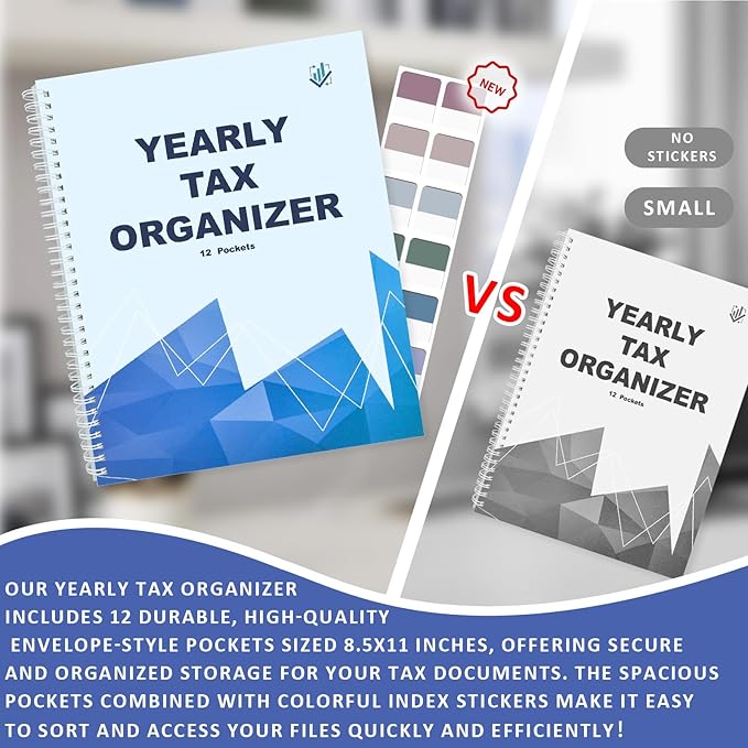Letter Size Yearly Tax Organizer Book with 12 Separate Pockets Spiral Bound 8.5x11 Tax Document Folder Tax Record Book with Tabs Monthly Bill Receipt Income Tax Organizer System for Home Office Taxes