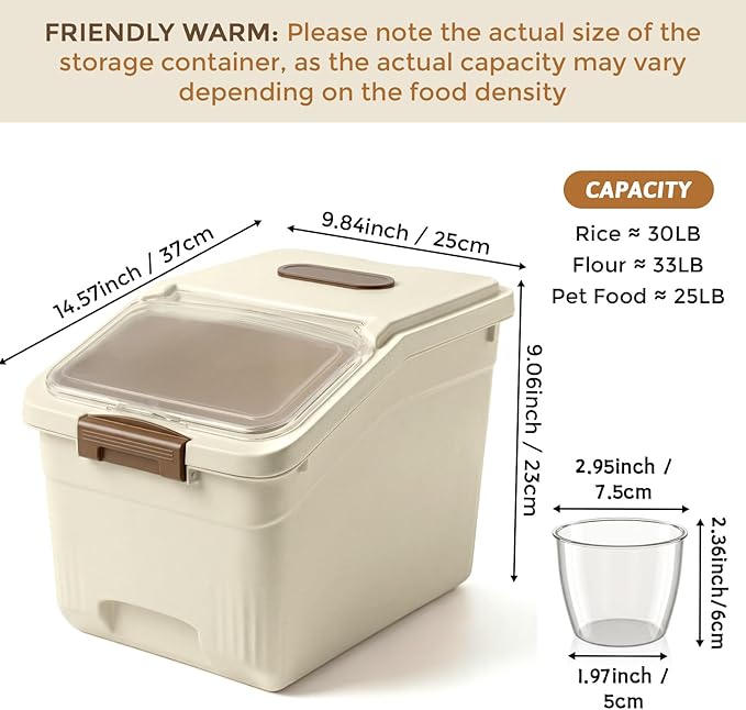 4 Pack Large Rice Storage Containers 30 Lbs Airtight Flour Container with Seal Locking Lid and Measuring Cup Kitchen Dry Food Storage Bins for Cereal Sugar Beans(Butter Yellow)