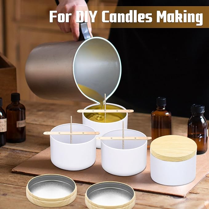 12-Pack Candle Jars, 8oz Candle Tins with Metal Wood-Grain Printing Lids, Empty Metal Candle Jars for Making Candles Bulk Candle Containers -White
