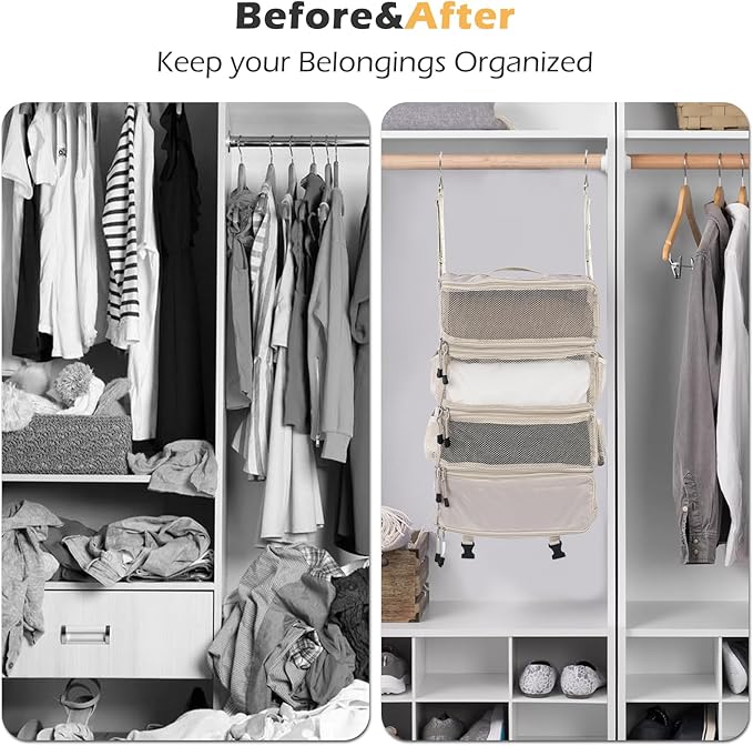 TABITORA Travel Luggage Organizer Hanging Packing Cubes Portable Hanging Shelves Carry on Closet for Suitcase with 2 Hooks,Collapsible(Beige,M)