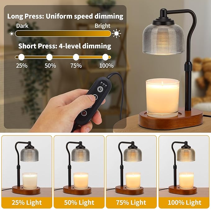 Black Wood Candle Warmer with Timer,Farmhouse Glass Candle Melting Lamp,Adjustable Height Electric Wax Melt Warmer with 2 Bulbs,Remote,Dimmable for Home Decor,Gift for Her