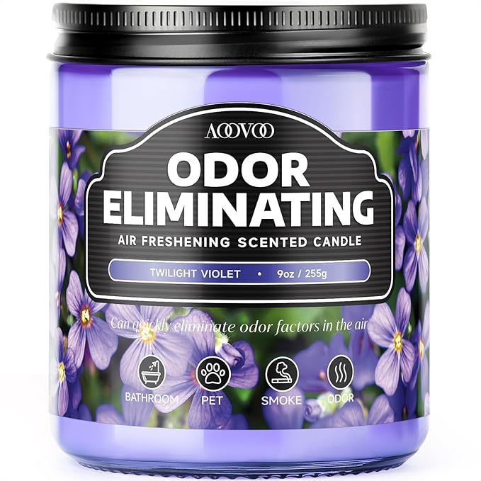 AOOVOO Violet Odor Eliminating Highly Fragranced Candle - Eliminates 95% of Pet, Smoke, Food, and Other Smells Quickly, Air Freshing Soy Candle, 9 oz