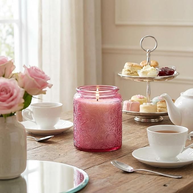 Art Secret 9-Pack 8oz Embossed Glass Candle Jars with Lids and Labels - Sun Moon Stars Design (Pink)