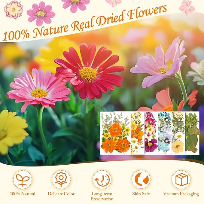 155Pcs Dried Pressed Flowers for Crafts, 6 Sheets Real Dry Florals and Leaves Bulk with Tweezer for Resin Molds Candle Soap Making Scrapbook Bookmarks Frames Supplies Kit Nail Art Makeup Decor