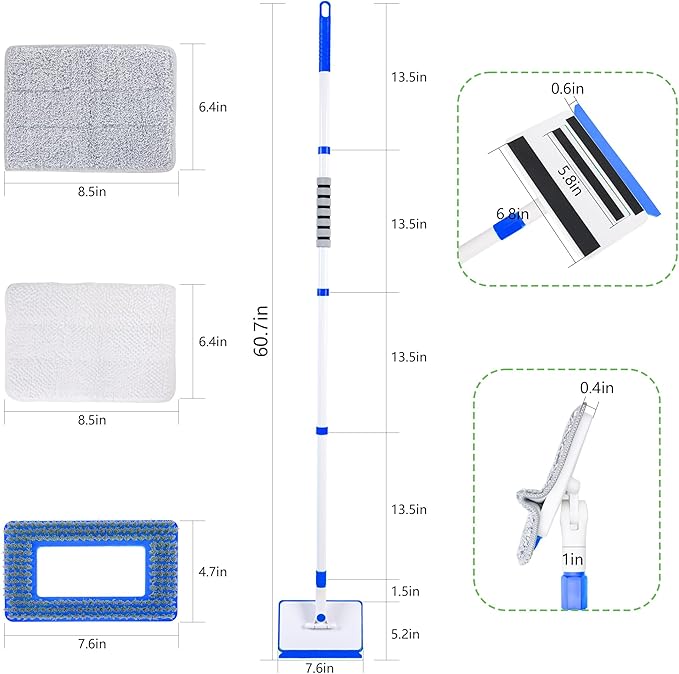 Baseboard Cleaner Tool with Long Handle,Wall Cleaner Mop with Extendable Handle 1 Stiff Bristles mop Head and 4 Reusable Cleaning Pads，Duster for Cleaning Tile Ceiling Window Skirting Board (Blue)