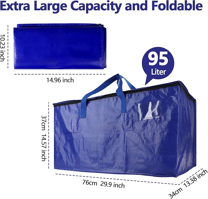 10 Pack Waterproof Moving Bags with Strong Zippers and Reinforced Handles, Real 100lb Capacity Extra Heavy Duty Large Storage Totes for Packing & Moving Storing, Alternative to Moving Boxes -95L,Blue