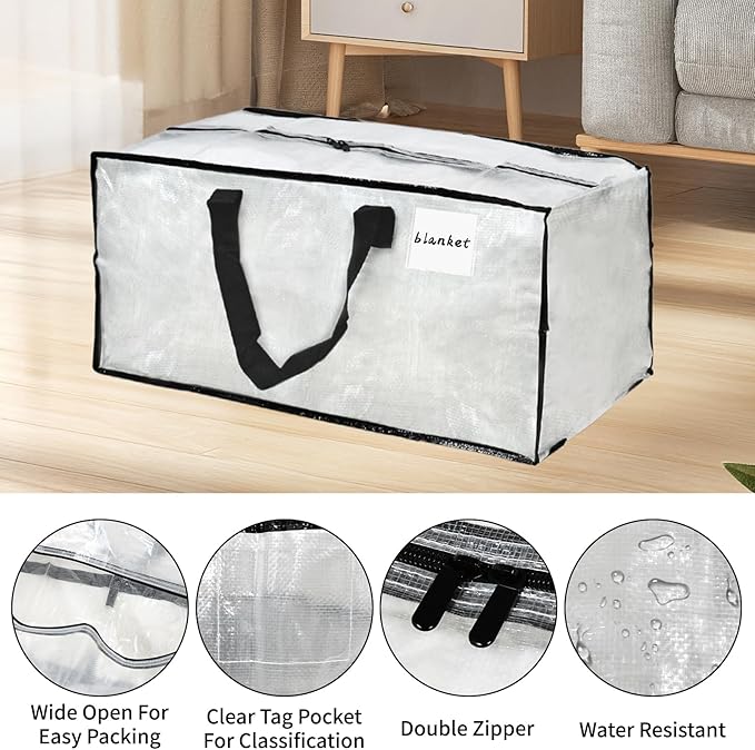 Clear Moving Bags – 8 Pack Large Foldable Storage Bags with Handles and Straps for Clothes, Bedding, and Seasonal Items
