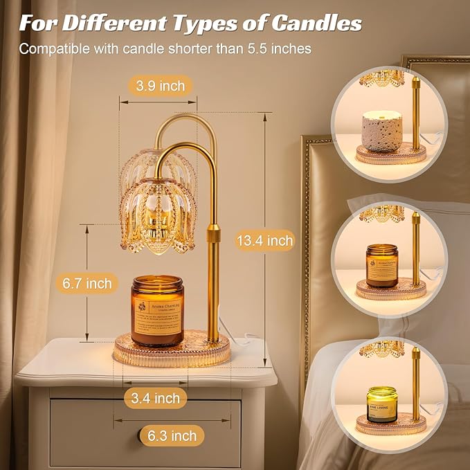 Petal Candle Warmer Lamp with Timer & Dimmable Light Champagne Gold - Adjustable Height Jar Melter on Crystal Glass Base, Home Decor Gift Set (Includes 2 Bulbs)