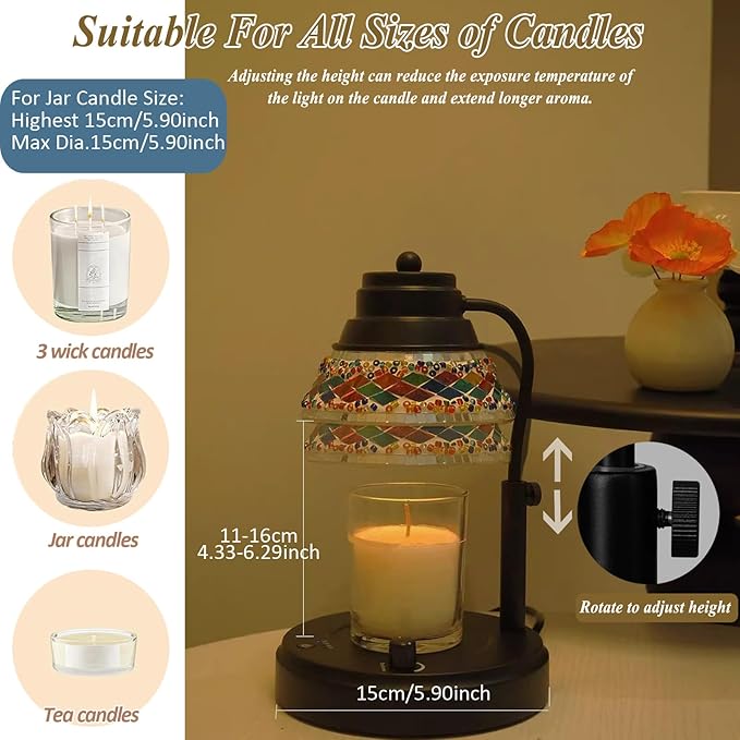 Electric Candle Warmer Lamp with Colorful Diamond Lampshade, Stained Glass Wax Melting Lamp with Timer and Dimmer, Adjustable Candle Warmer Light Home Decor (Black)