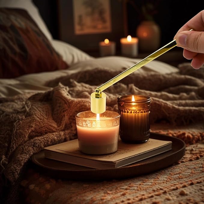MrMrKura 4 in 1 Candle Accessory Set, Candle Snuffer, Candle Wick Cutter, Candle Dipper, Storage Tray Plate, Candle Care Kit with Velvet Pouch for Candle Lover (Gold)