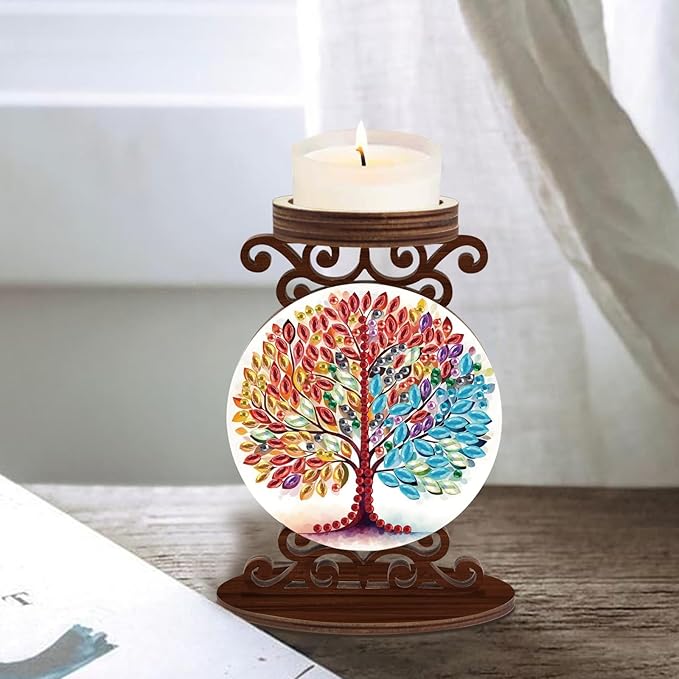 Diamond Art Painting Candlestick Holder kits, Colorful Tree DIY shaped crystal Diamond art painting, woodiness Candle holder for AromaRelax & Home Decor, Christmas Halloween Ornaments (Double-Sided)