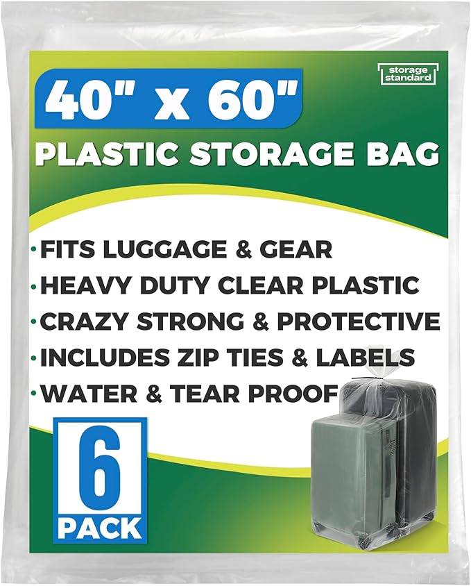 Storage Standard 6-Pack Large Clear Plastic Bags for Storage - Waterproof Extra Large Plastic Bags with Zip Ties, Heavy-Duty Cover for Luggage, Suitcases, Strollers & Travel Gear - 40 x 60 Inches