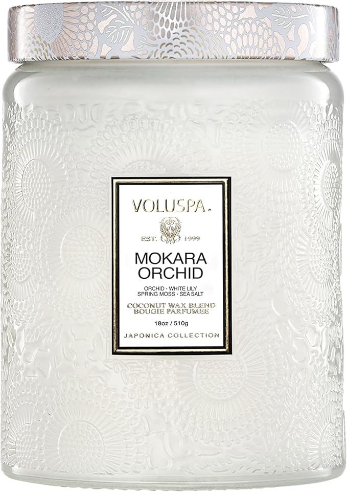 Voluspa Mokara Orchid, Large Candle Jar, 18 oz, 100 Hour Burn Time, All Natural Wicks and Coconut Wax for Clean Burning, Vegan, Poured in The USA