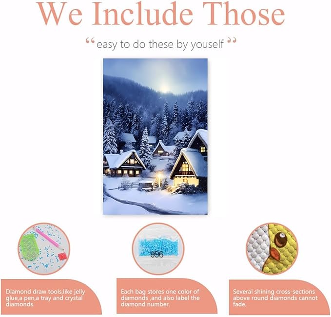 GUAIEUW Frameless Canvas Winter Snowy Houses Diamond Painting Kit DIY 5D Full Round Diamond HD Picture Diamond Dot Painting Art Craft Gift, Wall Decor Living Room Office Hangable 20x30 Inch