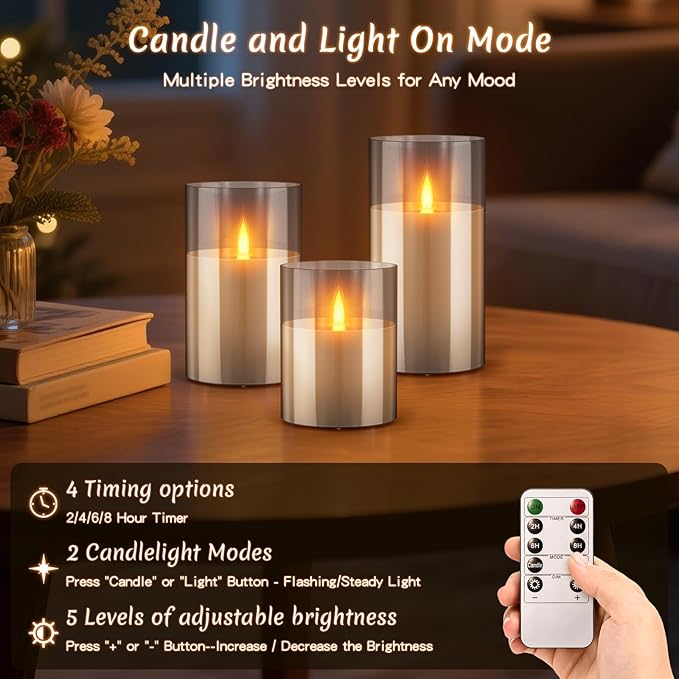 3PC Rechargeable Led Candles, Flameless Flickering with Remote & Timer, with Real Wax Candle in Glass Warm Color Light, Lasting for 200+ Hours for Festival, Party, Bedroom, Living Room Decor. Gray