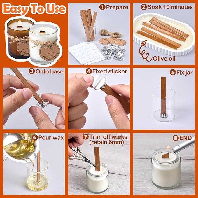 200pcs Thickened Wooden Candle Wicks Kit for Candle Making – Natural Smokeless Crackling Include 100pcs Wood Wicks with 100pcs Metal Bases, DIY Soy Wax Supplies