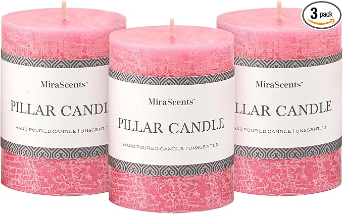 3x4 Inch Pink Pillar Candles Set of 3 - Hand-Poured Unscented Candles, Long Clean Burning, Smokeless Dripless Candle for Dinner Table, Home, Bathroom, Wedding, Valentines Day Decor
