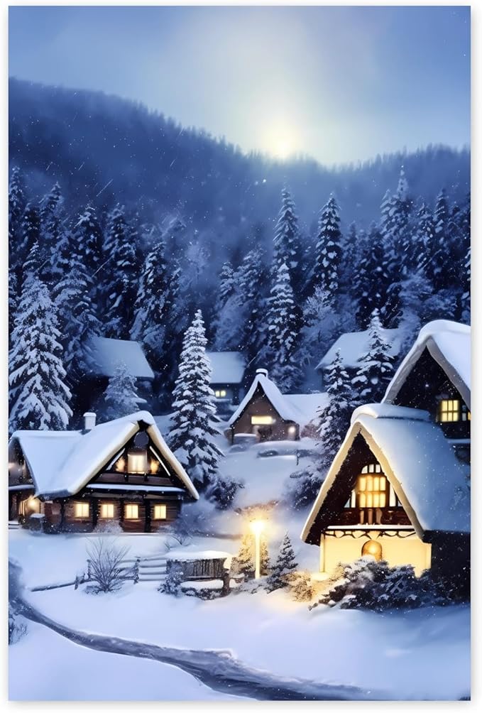 GUAIEUW Frameless Canvas Winter Snowy Houses Diamond Painting Kit DIY 5D Full Round Diamond HD Picture Diamond Dot Painting Art Craft Gift, Wall Decor Living Room Office Hangable 20x30 Inch