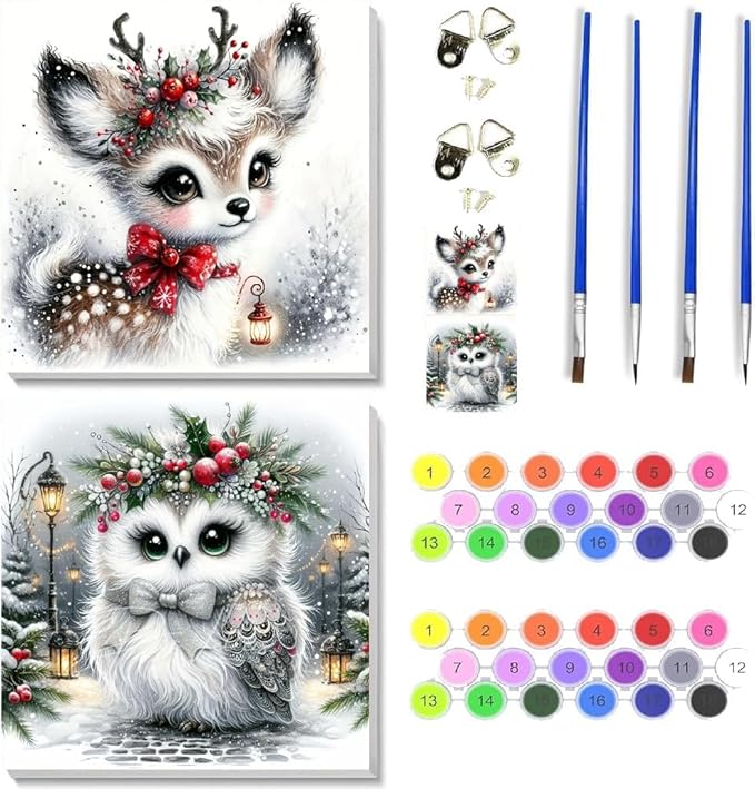 NEGEKFKX 2 Pack Christmas Paint by Numbers Kit for Adults Beginner with Framed,Deer Easy Adult Paint by Number Kits on Canvas DIY Painting for Beginners Art by Numbers for Home Wall Decor 10x10 Inch