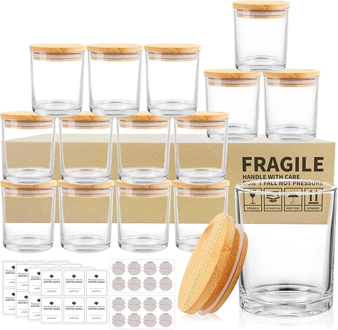 SUPMIND 15 Pack Glass Candle Jars, 7oz Clear Candle Containers with Bamboo Lids and Labels, Empty Candle Jars for Making Candles - Dishwasher Safe, 7 fl.oz