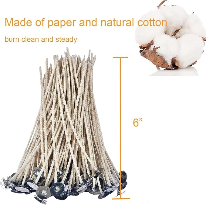 50 pcs 6" Candle Wicks for Candle Making Coated with Natural Soy Wax, Low Smoke Cotton Threads Woven with Paper 60 pcs Candles Wicks Stickers Wicks Centering Device