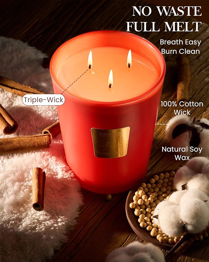 M&SENSE Apple Cinnamon Soy Large Candles, 3-Wick 35oz 150H Slow Burning, Aromatherapy Candle for Home Fragrance Winter Holiday Housewarming