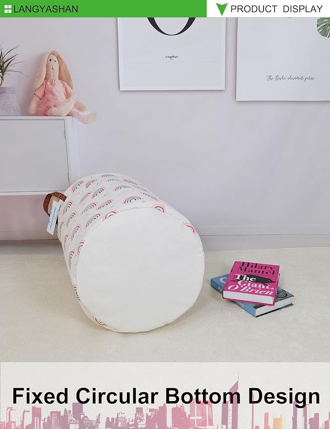 LANGYASHAN Laundry Basket Canvas Fabric Collapsible Organizer Basket for Storage Bin Toy Bins Gift Baskets Bedroom Clothes Children Nursery Hamper (Round Cloud Rainbow)