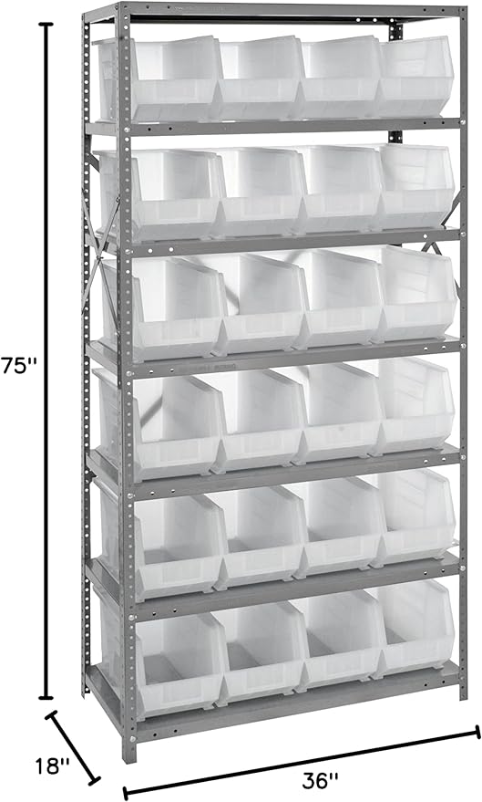 Quantum Storage Systems QSBU-265CL Giant Open Hopper Steel Shelving System, 18" D x 36" W x 75" H, with 7 Shelves and 24 QUS265 Bins, Clear