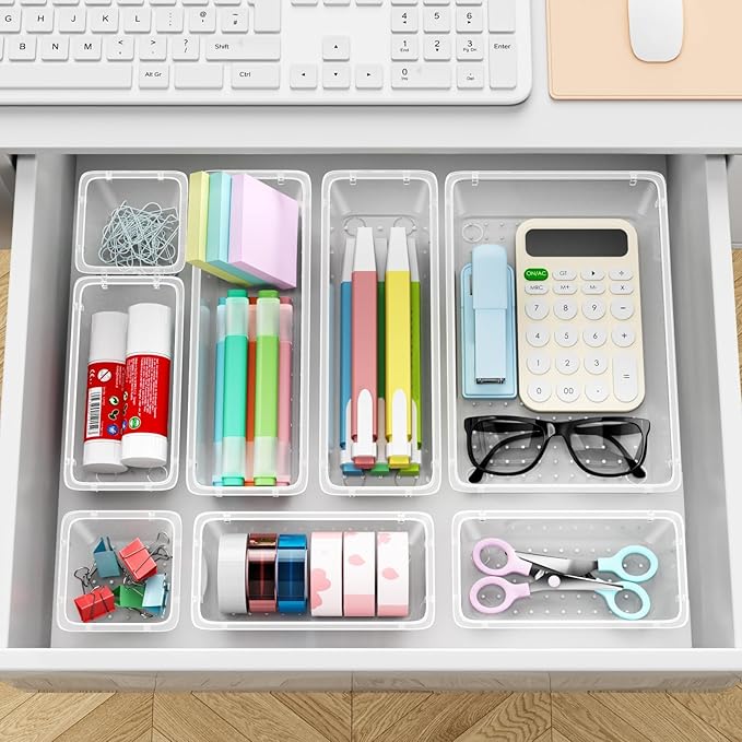 ElegantArray 48 PCS Drawer Organizer Set, 4 Sizes Tool Storage Trays, Clear Plastic Makeup Vanity Organizer and Storage Bins for Makeup, Stationeries, Multiple Gadgets for Bathroom, Office, Bedroom