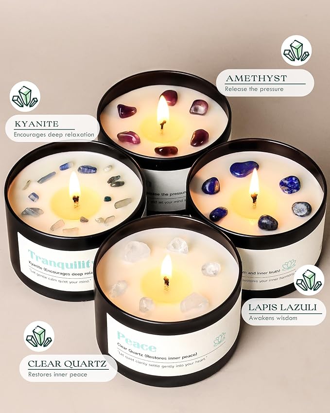 AOOVOO Crystal Calm Candles Set for Women - 4 Pack 26 oz Soy Wax Candles for Home Scented, 200 Hour Long Lasting Candle, Peace Clear Quartz/Tranquility Kyanite/Calm Amethyst/Serenity Lapis Lazuli
